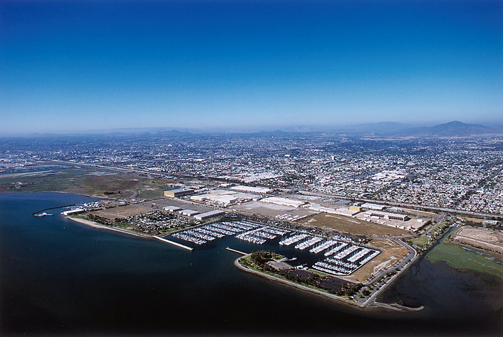 Aerial view of the Chula Vista Bayfront and marina on San Diego Bay