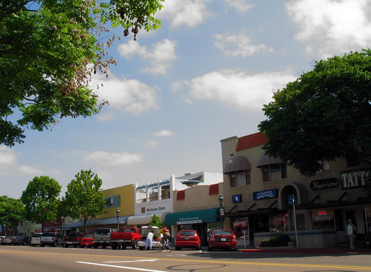 Street-level view of shops and sidewalks on Third Avenue in downtown Chula Vista