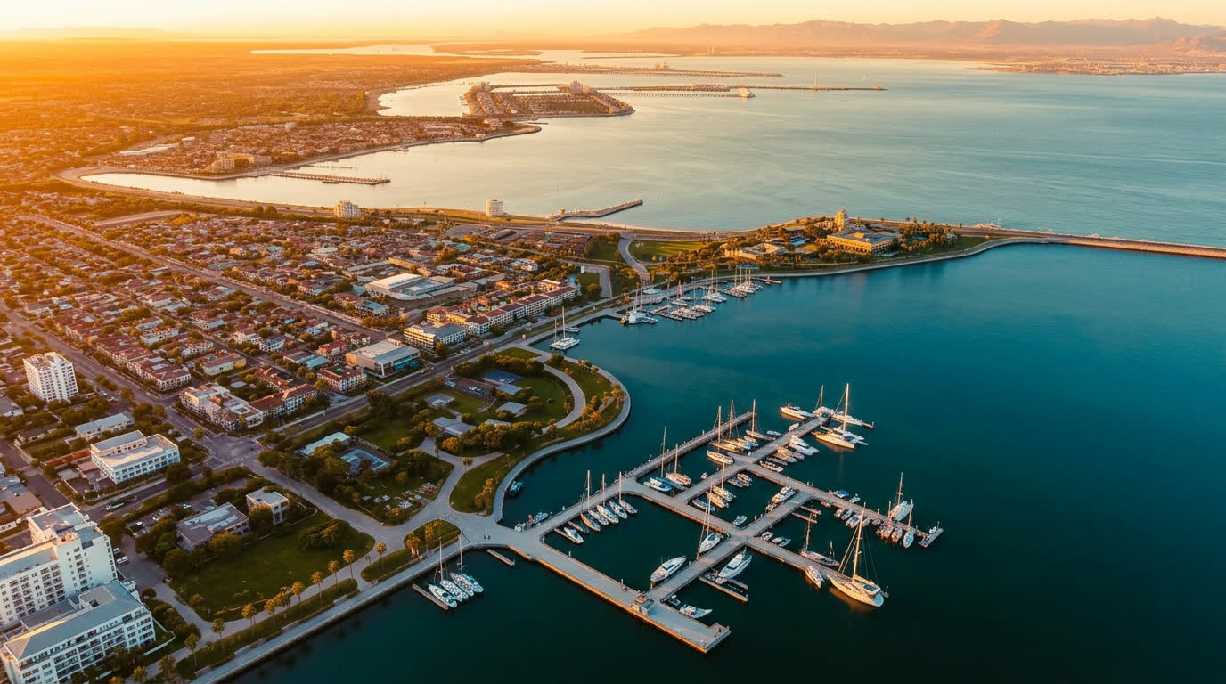 Aerial view of the Chula Vista Bayfront at sunset