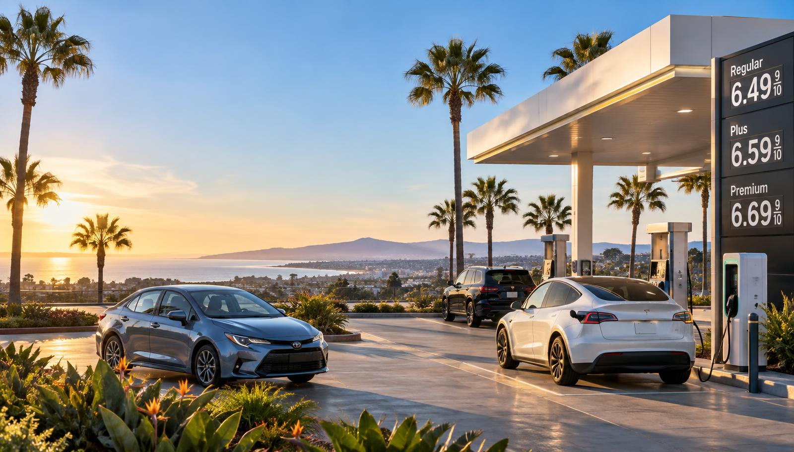 Cars beside a Southern California gas station showing prices near $6.50 per gallon